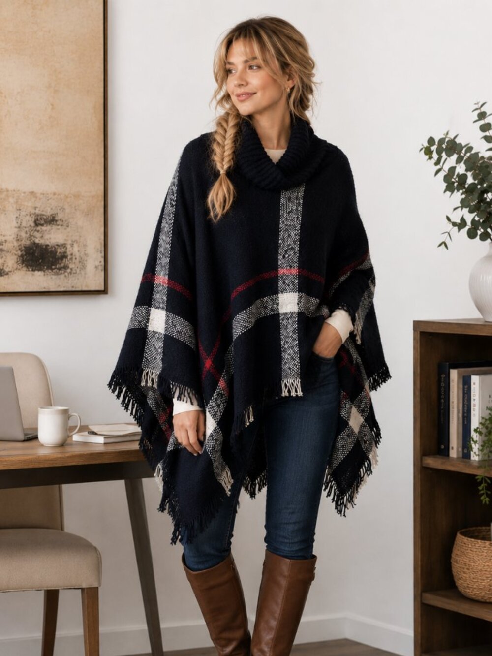 Classic Plaid Fringe Poncho Shawl Wrap Navy Blue Cozy Oversized Cowl Neck